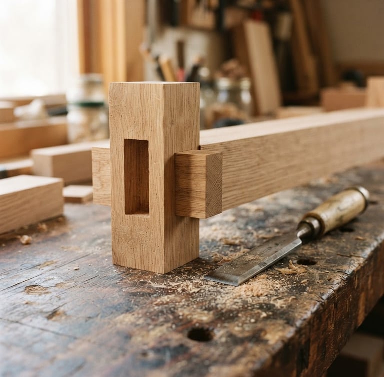 Close-up of a hand-cut mortise and tenon joint in heavy white oak, sharp chisel resting nearby, fine sawdust on a dark oak workbench, warm side daylight, medium format film
