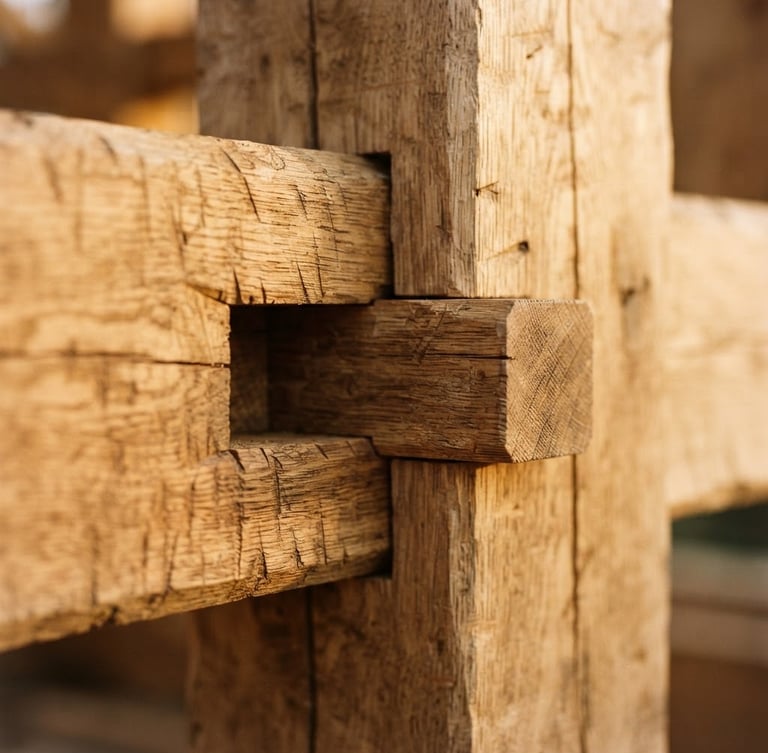 Macro close-up of a hand-cut mortise and tenon joint in heavy white oak timber, golden hour daylight highlighting wood grain and fine chisel marks, shallow depth of field, warm editorial photography.