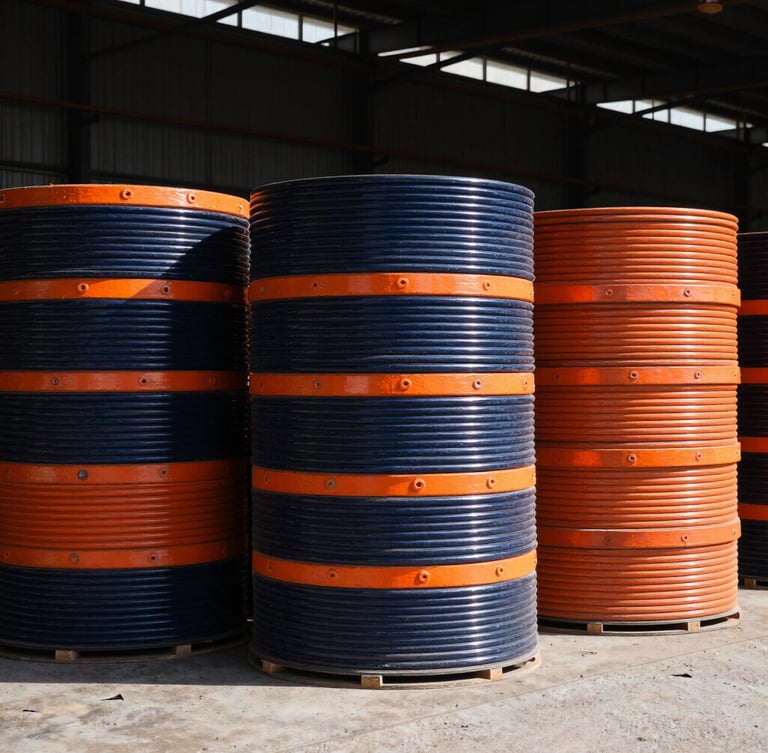 Wide environmental shot of an industrial warehouse in Tete, heavy-duty mining consumables stacked under harsh high-contrast sunlight, 35mm
