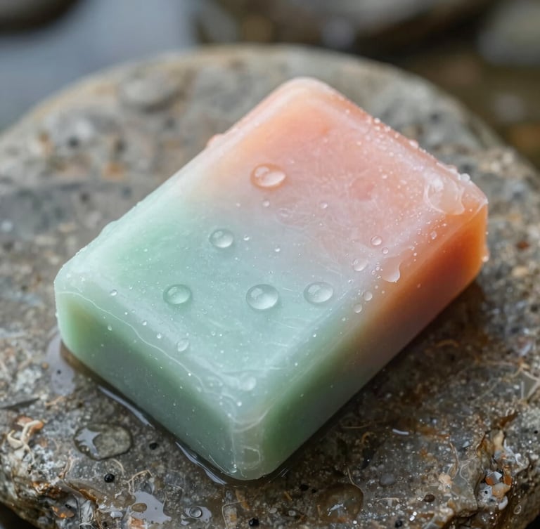 Macro shot of a solid shampoo bar resting on a wet, raw river stone, soft morning light, water droplets, 35mm editorial style