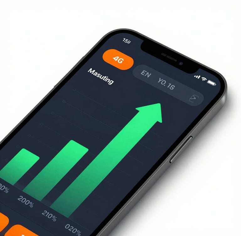A modern marketing dashboard displayed on a mobile phone, showing green upward lead generation charts, high contrast, clean white-space background