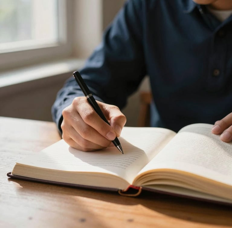A hands-on academic setting, a close-up of a student's hands taking organized notes in a notebook next to an open classic book, warm natural window light, shallow depth of field, 35mm