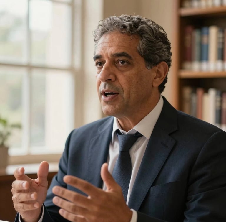 Close-up of Professor Melquiedes speaking passionately, warm academic library background, soft natural window light, expressive hands, shallow depth of field