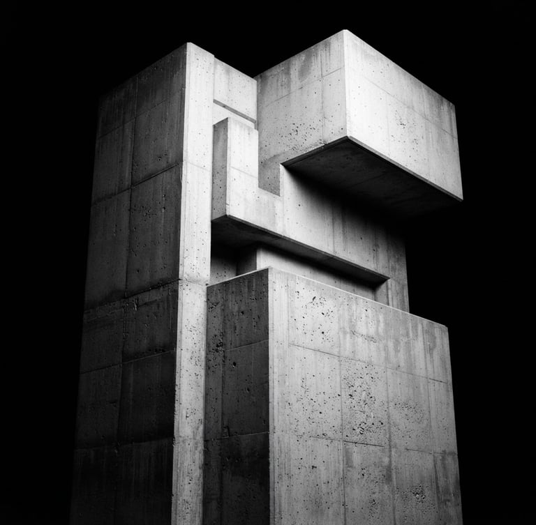 Minimalist black and white photography, high contrast, stark studio lighting, architectural lines of a concrete monolith, sharp focus, 35mm