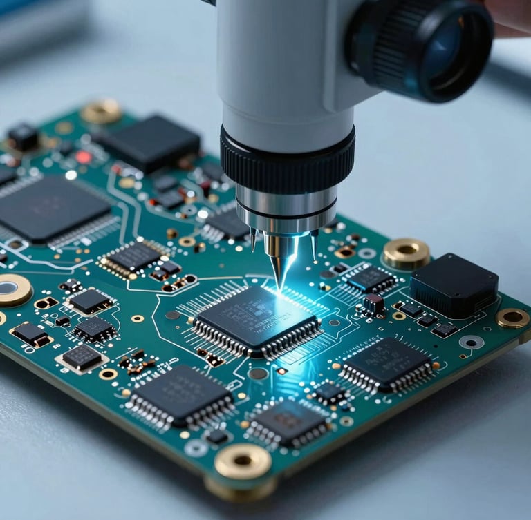 Extreme close-up macro shot of an Apple MacBook logic board under a professional laboratory microscope, cool bright clinical blue lighting, precise diagnostic probes touching a microchip, high-tech repair environment.
