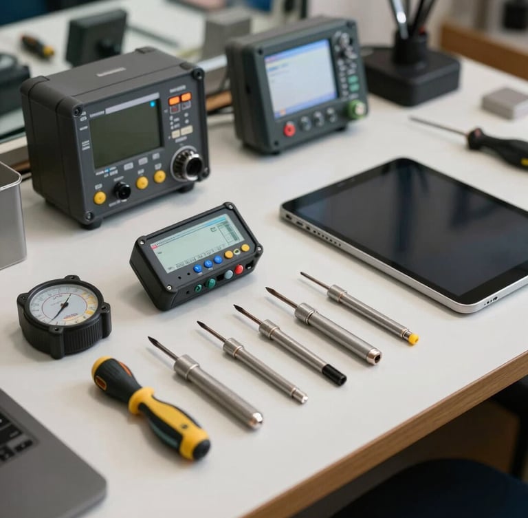 Eye-level medium shot of a clean, organized Apple repair workbench in Kharadi, specialized precision screwdrivers and diagnostic meters arranged neatly next to an open iPad.