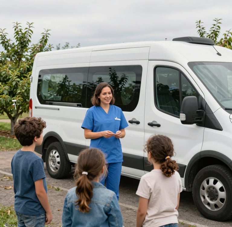 A mobile health van parked near a community orchard in Yakima under soft overcast daylight, a local nurse speaking warmly with a family, natural unposed interaction.