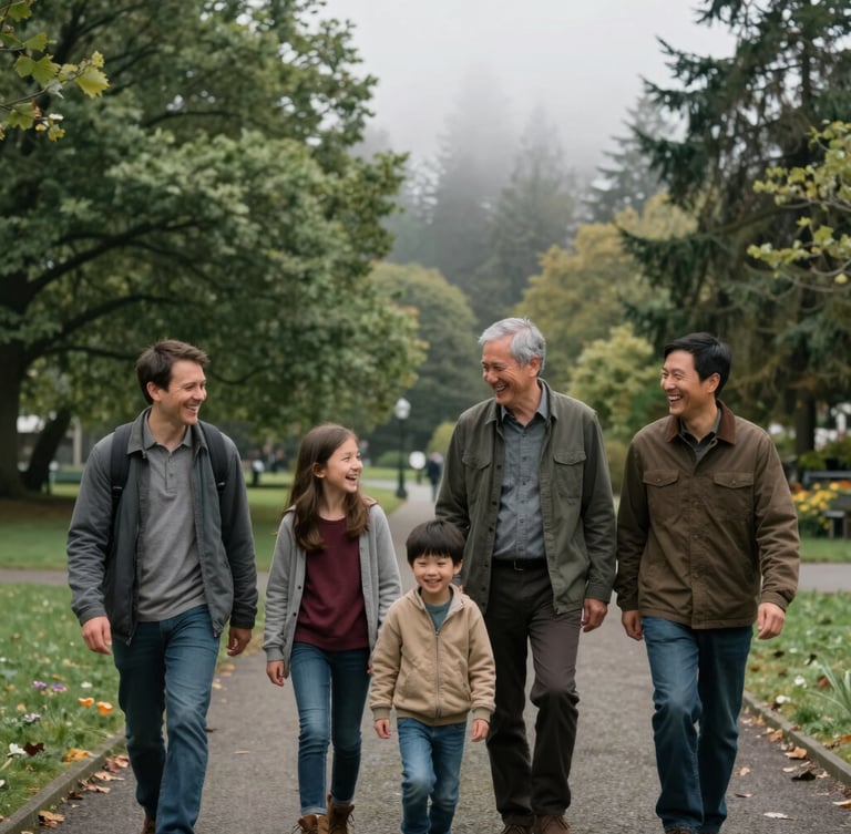 Candid medium shot of a family walking through a misty, overcast park in Seattle, laughing together, natural Pacific Northwest daylight, soft focus green trees in background