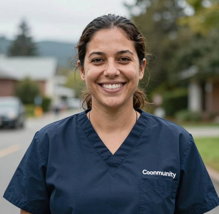 Environmental portrait of a local community health worker smiling warmly in an overcast outdoor setting in Tacoma, soft natural daylight, respectful eye-level framing.