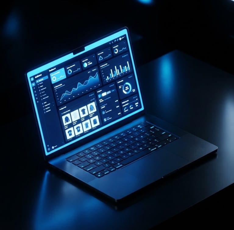 Sleek dark-mode tech photography of an isometric 3D laptop mockup displaying a modern e-commerce dashboard, glowing electric blue neon backlighting, high-contrast obsidian background, sharp macro focus.