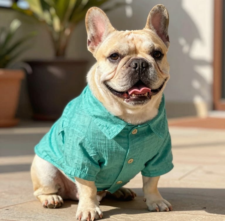 Perro pug con camisa turquesa