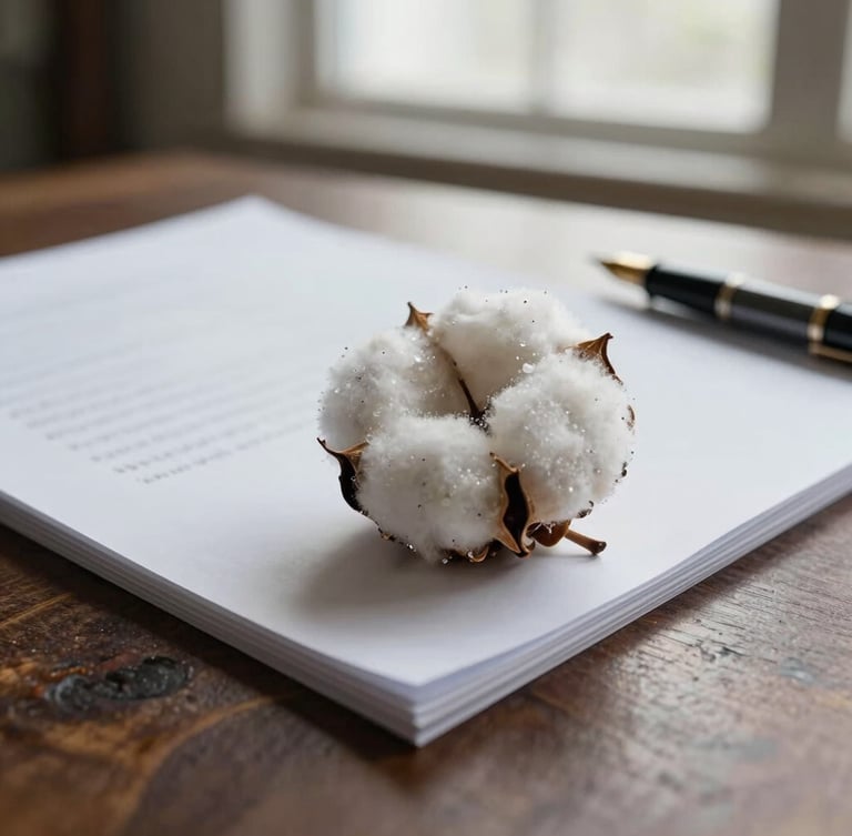 Macro crop of a heavy cotton paper document on a dark wood table, a fountain pen resting on the margin, diffused architectural light from a high window