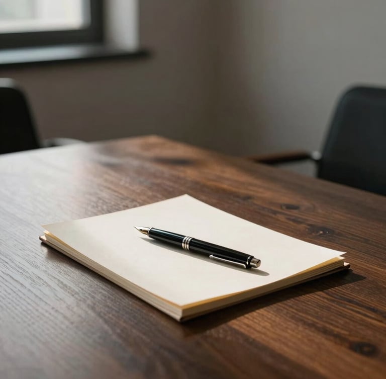A minimalist, sunlit boardroom corner with a heavy dark oak table, a single fountain pen resting on cream paper stock, diffused architectural light.