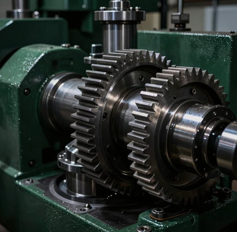 Close-up portrait shot of a complex industrial gear assembly, precision steel components, high-contrast dramatic lighting, cool metallic highlights, sharp focus.