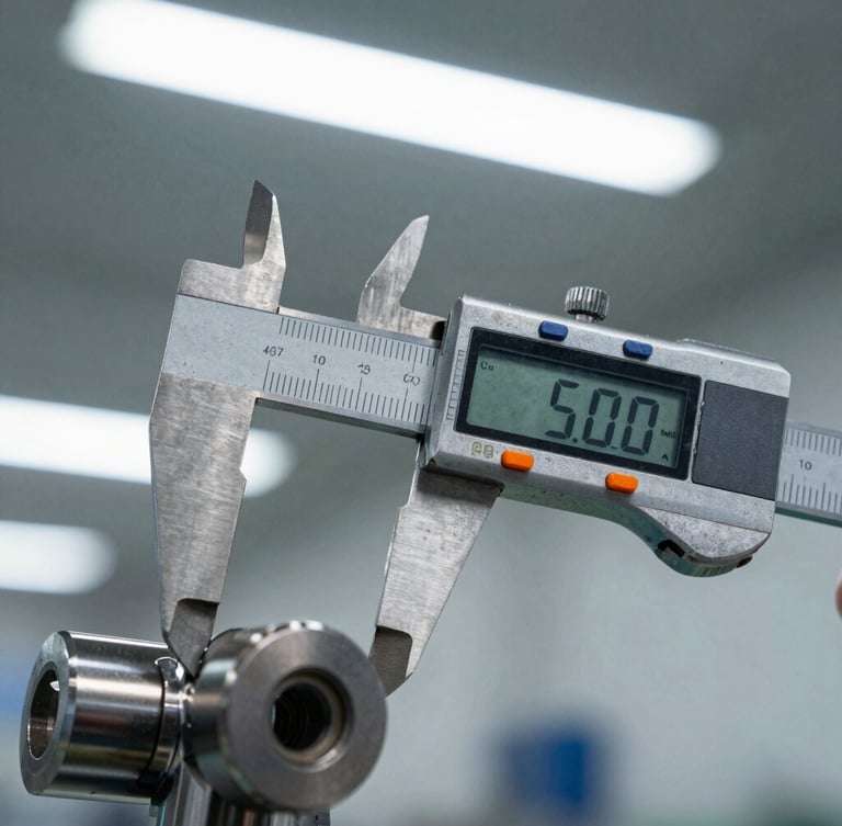 Macro detail shot of industrial digital caliper measuring a machined steel component on a factory floor, sharp fluorescent lighting, 35mm