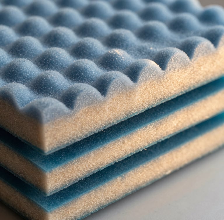 Cross-section of multi-layered technical foam showing precise blue and teal ventilation channels, architectural studio lighting, macro texture, 35mm