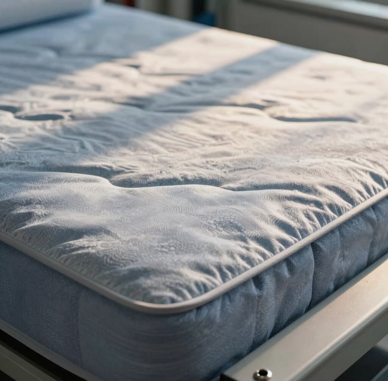 Macro shot of premium mattress fabric being precisely tailored on an industrial manufacturing table, warm morning light, shallow depth of field, 35mm