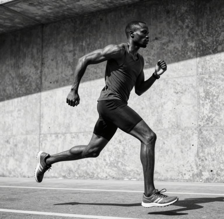 Low-angle heroic wide shot of a Ghanaian athlete in intense motion against a stark concrete backdrop, high-contrast black and white, hard direct sunlight.