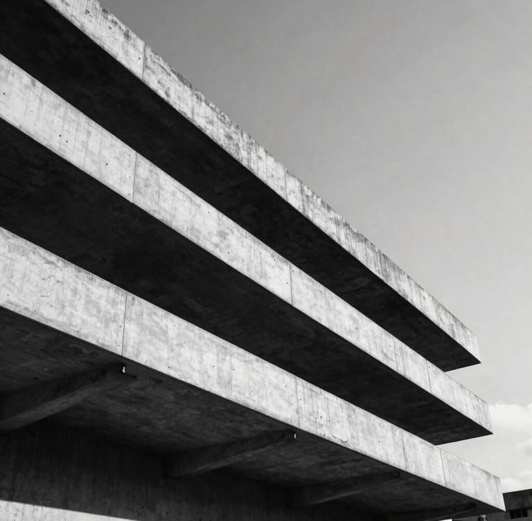Low-angle heroic wide shot of the brutalist concrete architecture of Accra under hard, direct midday sunlight casting deep, sharp geometric shadows, high-contrast black and white, minimalist composition with generous negative space.