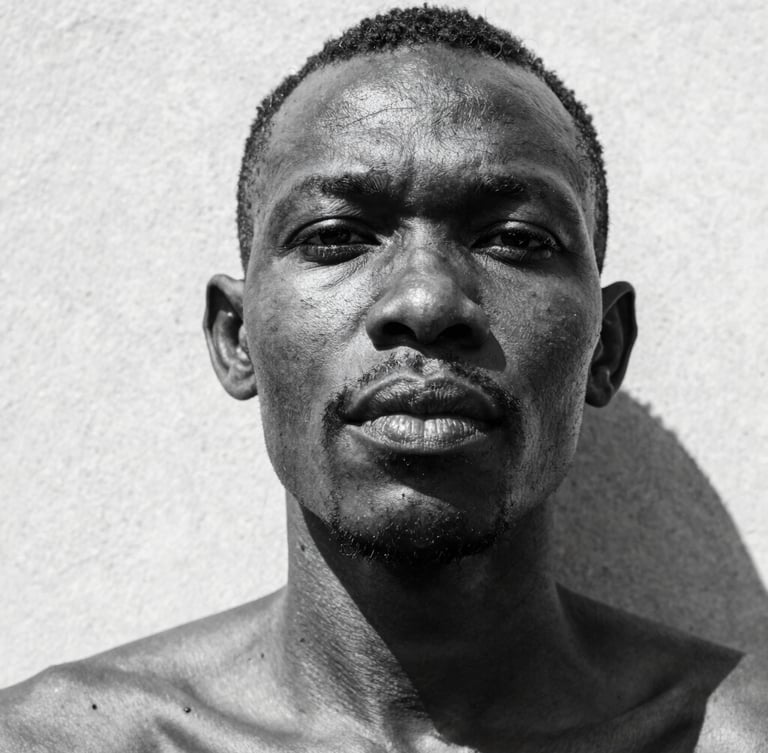 Extreme close-up portrait of a Ghanaian athlete in high-contrast black and white, direct harsh midday sunlight casting deep shadows on skin and concrete, raw texture, low angle.