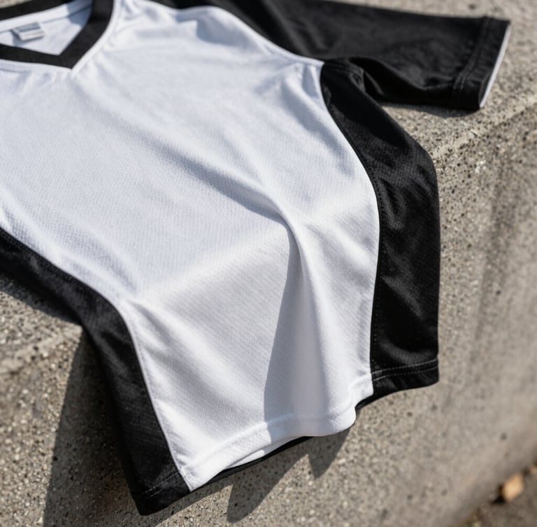 Close-up black and white texture of a heavy cotton athletic jersey draped over a concrete block, direct high-contrast sunlight