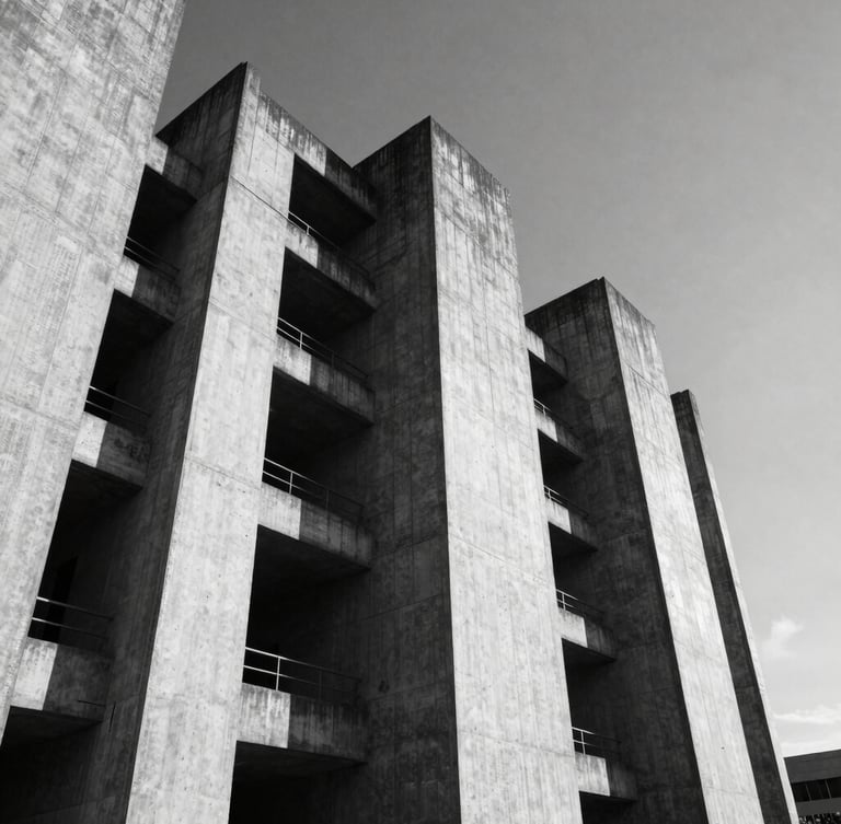 High-contrast black and white low-angle shot of brutalist concrete architecture in Accra, sharp midday shadows, towering structural lines against a stark sky.