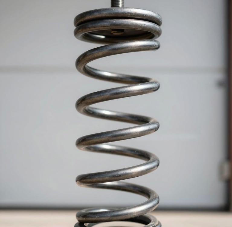 Close-up of a heavy-duty steel garage door torsion spring, sharp industrial focus, bright natural daylight, high-contrast charcoal tones.