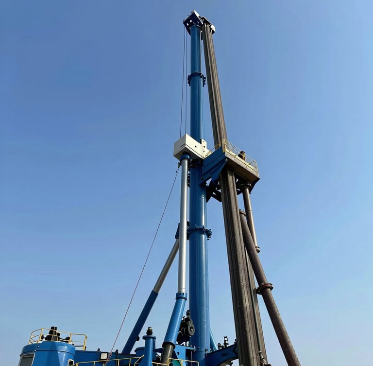 Low-angle heroic shot of a massive blue hydraulic drilling rig mast raised against a clear blue Bahia sky, clean steel joints, industrial precision