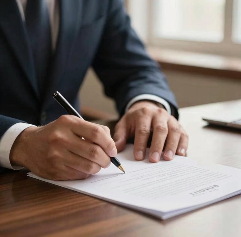 Close-up of a legal professional's hands signing a document on a dark wood desk, soft window light, shallow depth of field, warm editorial photography.
