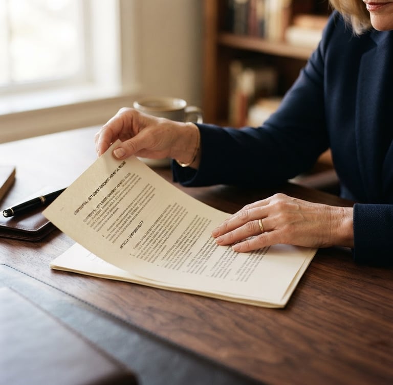 Close-up of a legal professional's hands discreetly reviewing a confidential document on a dark wood desk, soft window light, shallow depth of field, warm editorial photography.