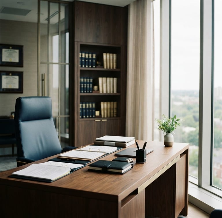 Interior de um escritório de advocacia moderno e elegante, com luz natural suave vindo de uma grande janela à direita, mesa de madeira escura com documentos organizados, cadeira de couro, ambiente calmo e profissional, foco na luz e nos detalhes arquitetônicos.