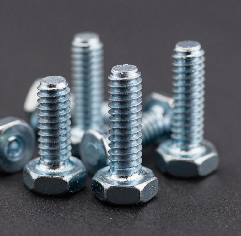 Macro shot of high-tensile steel industrial bolts and threaded screws, sharp metallic textures, dark charcoal background, high-contrast daylight, 50mm