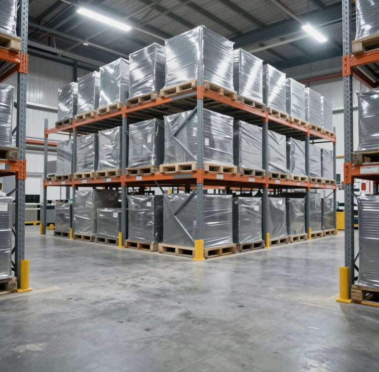 Wide shot of an organized industrial warehouse with high racking, clean concrete floors, bright high-contrast warehouse lighting, metallic steel tones.