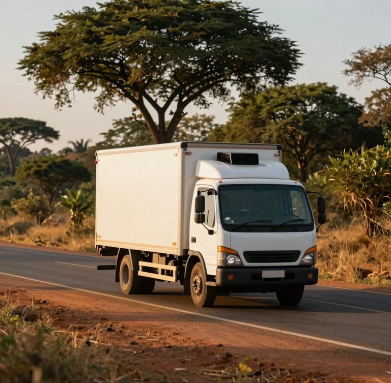 A modern white refrigerated transport truck driving on a paved highway through the Mozambican savanna, warm golden hour sunlight casting long shadows, deep green trees in the background, 35mm editorial photography.