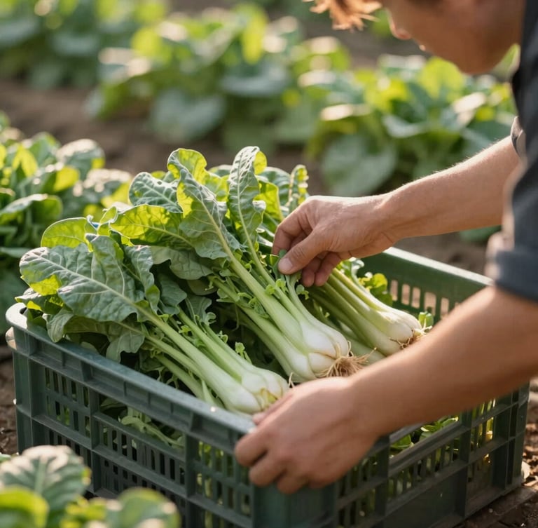 Technical expert in a field of green crops inspecting fresh produce in a clean distribution crate, bright natural golden-hour sunlight, warm editorial style, close-up, 35mm
