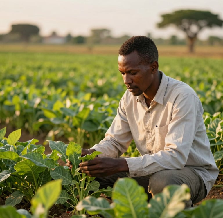 Technical agricultural expert in a light shirt examining fresh green crops in a vibrant Mozambican field, warm golden-hour light