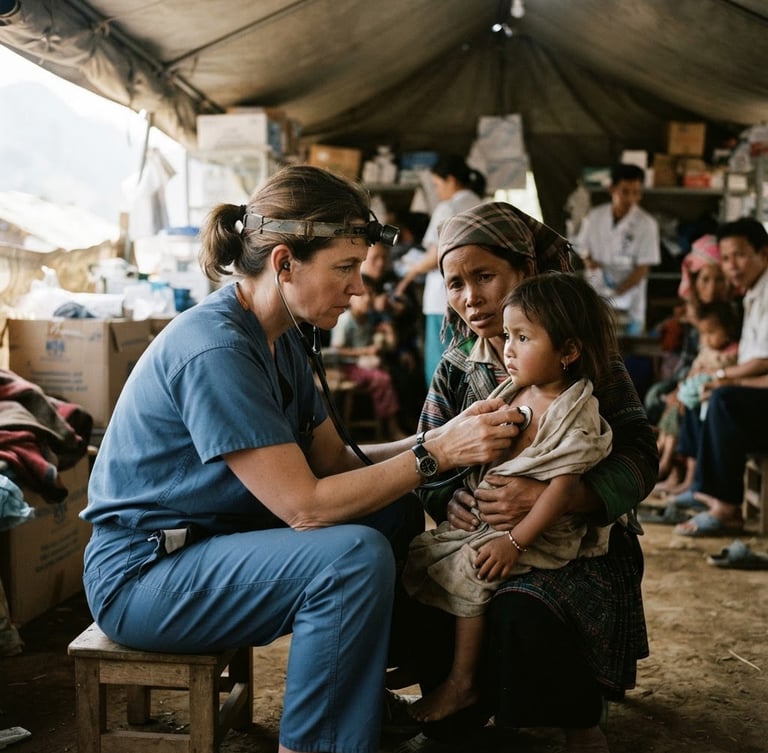 A documentary film photograph of a medical professional in a field clinic, natural high-contrast daylight, deep muted earth tones, 35mm lens, authentic editorial style.