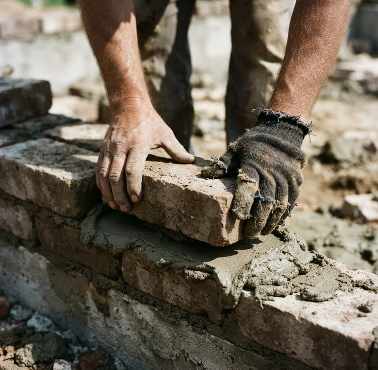 Close-up of hands laying heavy structural bricks on a foundation, documentary film photography style, natural high-contrast daylight, deep muted earth tones, 35mm lens.