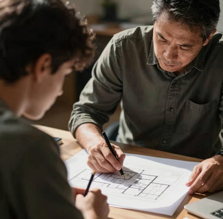 A close-up of a mentor guiding a young professional over architectural drawings, natural high-contrast daylight, deep shadows, authentic editorial style, 35mm lens.