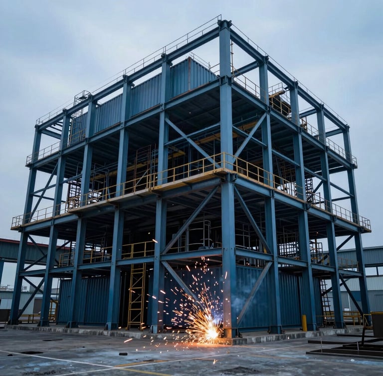 Wide-angle shot of a massive industrial steel container framework under construction inside a dimly lit manufacturing plant, cold metallic blue tones, bright orange welding sparks flying in the foreground.