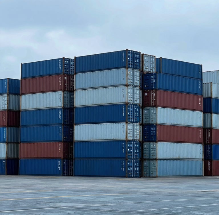 Wide-angle industrial editorial photography of massive container stacks at a deep-water port, cold metallic blue tones, overcast daylight, dramatic scale