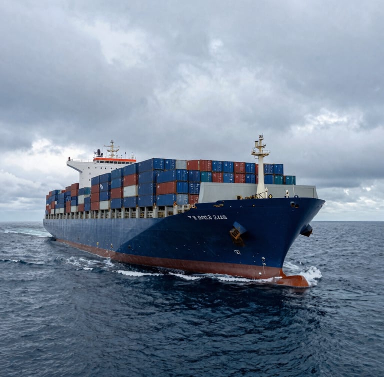 Wide-angle shot of a massive container ship loaded with blue and red ISO containers cutting through deep ocean water, dramatic overcast daylight, cold metallic reflections.