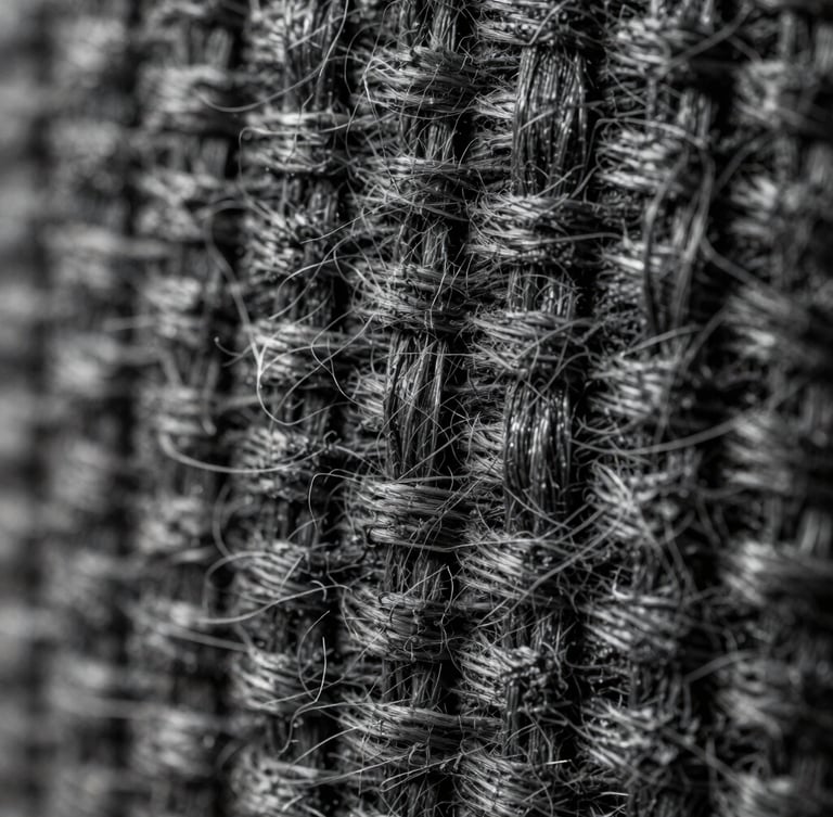Extreme close-up of a heavy charcoal canvas weave under sharp directional studio lighting, highlighting individual yarn fibers and structural density.