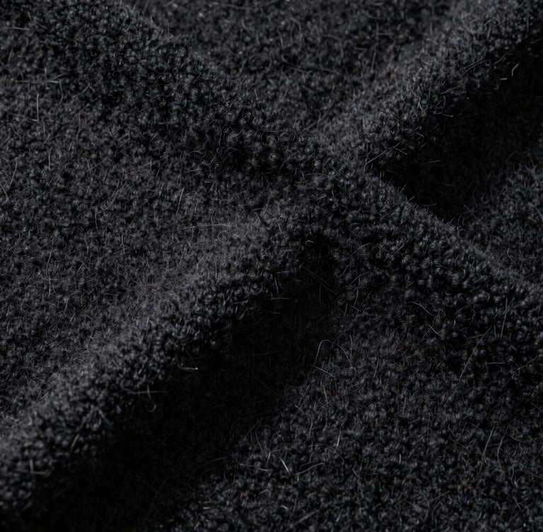 Macro close-up of heavy-weight black loopback cotton fleece texture, high-contrast studio lighting, sharp directional shadows showing fiber depth.