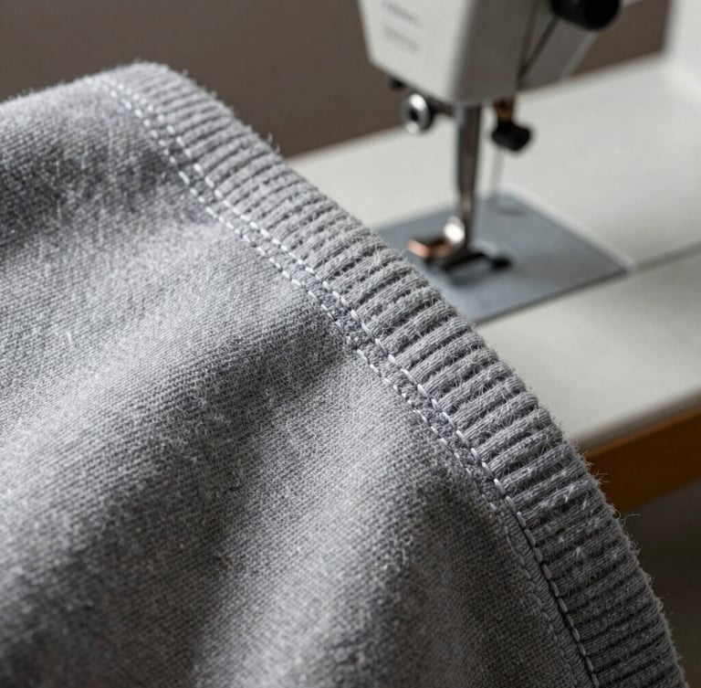 Macro close-up of clean flatlock stitching on a heavy ribbed grey cotton sleeve, sharp directional studio lighting, industrial sewing machine needle visible in background.
