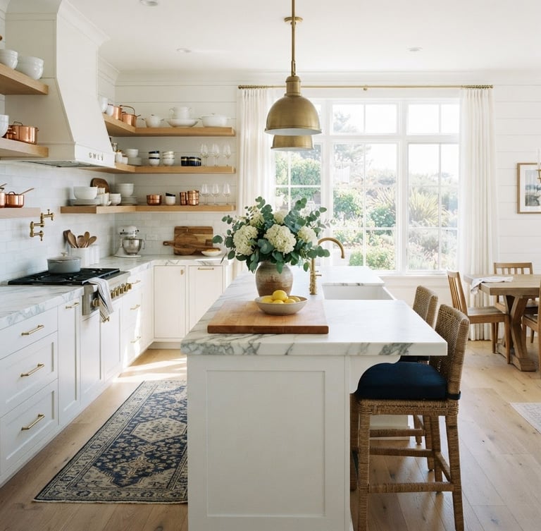 Bright, sun-drenched, immaculate residential kitchen with marble countertops and fresh flowers, wide shot, natural light streaming through a large window, crisp white and warm wood tones, 35mm.