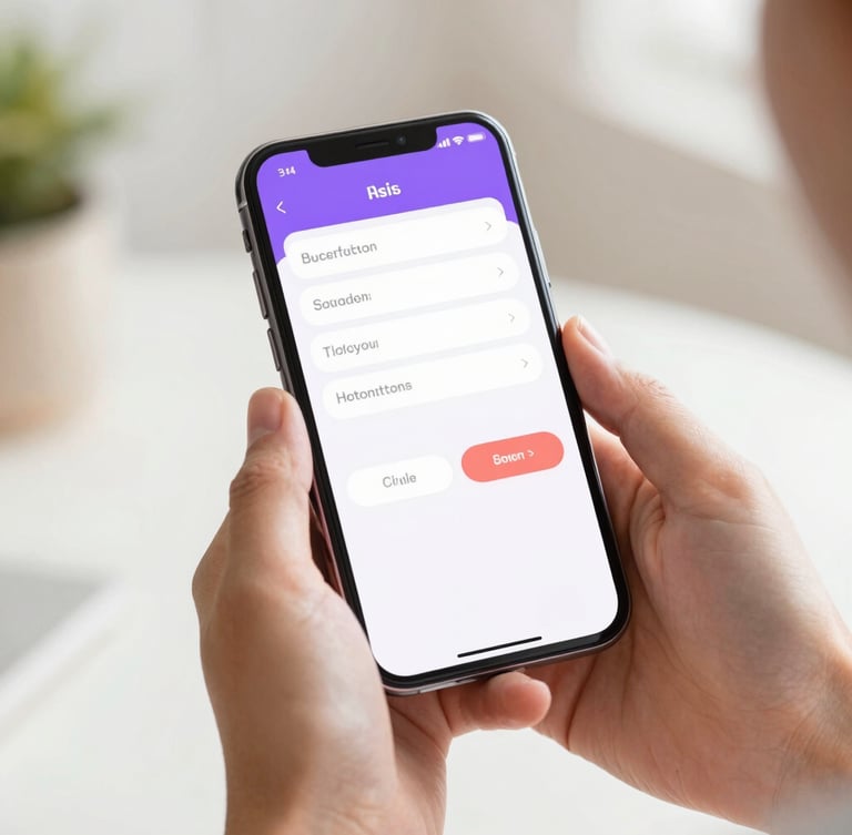 Close-up of hands holding a modern smartphone in a bright studio, showing a clean mobile app dashboard with purple and coral accents, soft focus background