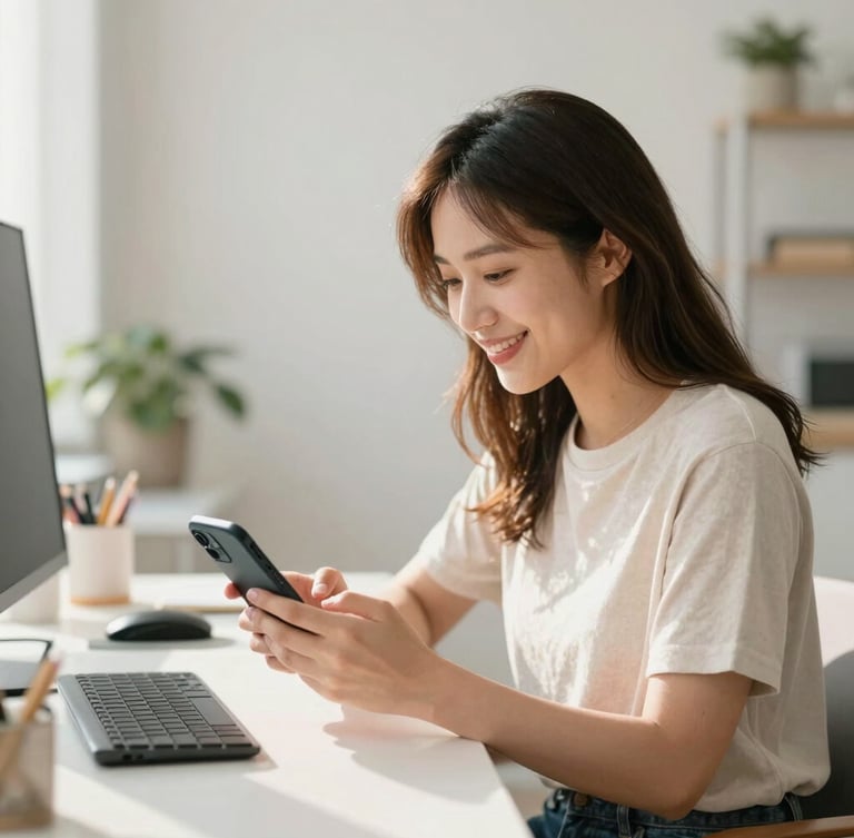 A focused female creator sitting in a bright sunlit studio, typing on her phone with a warm smile, modern workspace, soft focus background