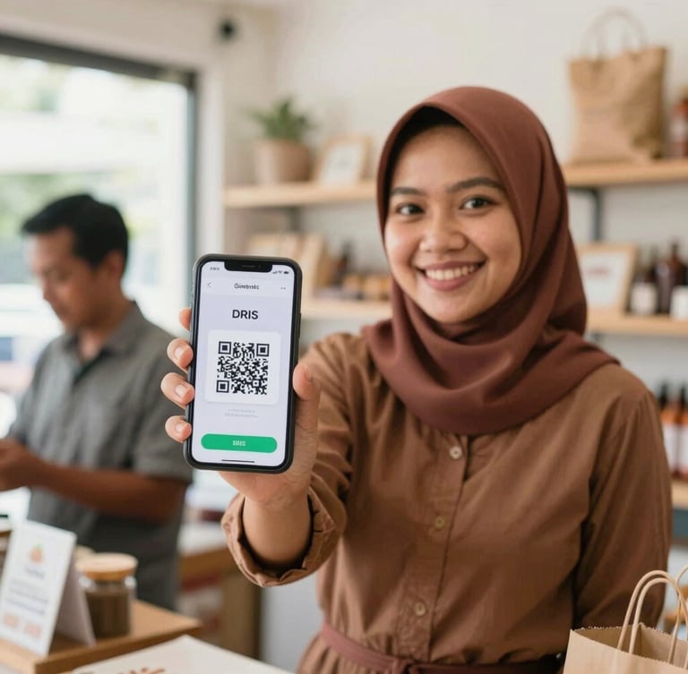 Warm editorial photography of a smiling Indonesian female merchant in her clean, bright retail shop holding a phone showing a successful QRIS transaction, natural daylight, shallow depth of field
