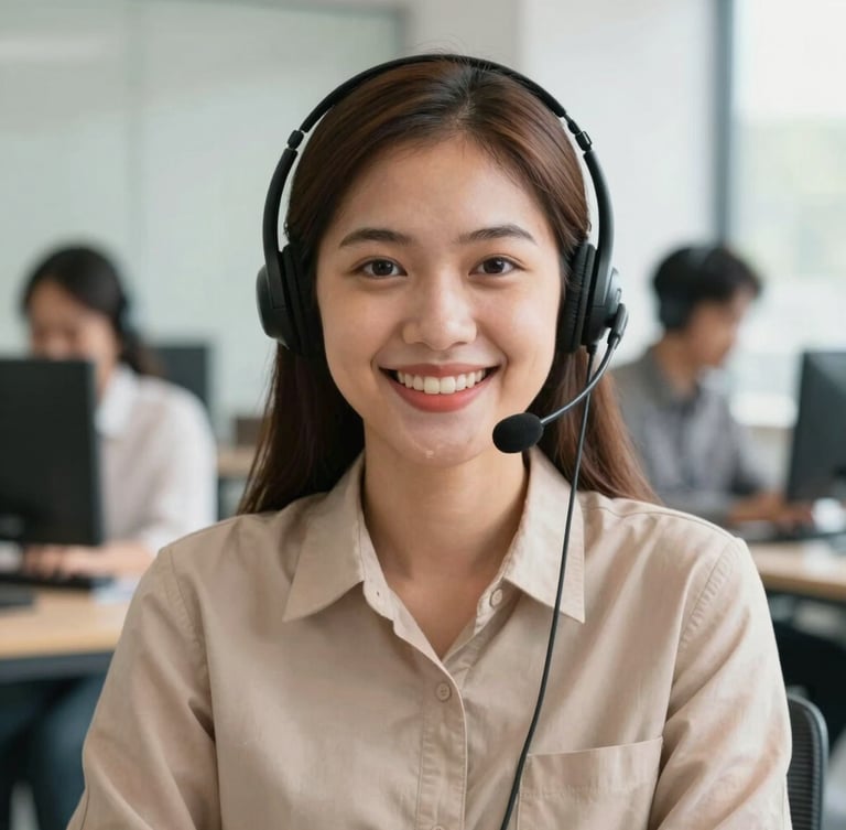 Warm editorial portrait of a friendly Indonesian customer service representative wearing a headset, smiling warmly in a bright modern office with soft indoor lighting, 35mm